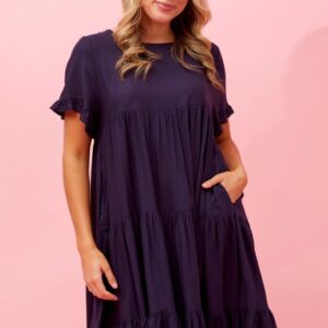 Kelly Tiered Linen Short Dress D Navy