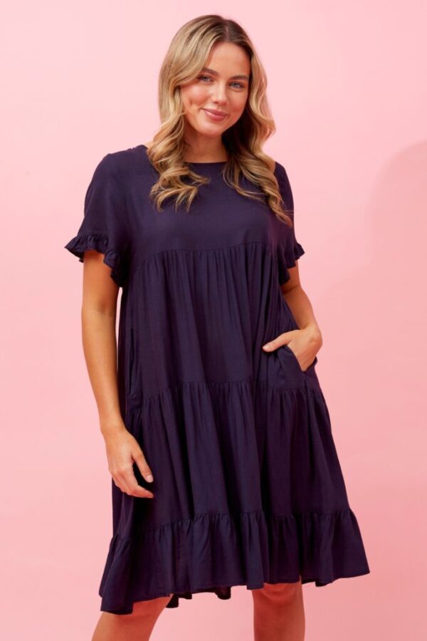 Kelly Tiered Linen Short Dress D Navy