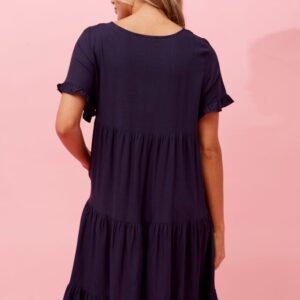 Kelly Tiered Linen Short Dress D Navy Back