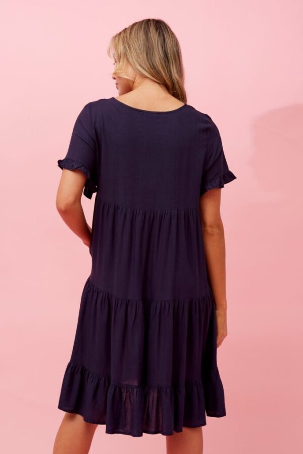 Kelly Tiered Linen Short Dress D Navy Back