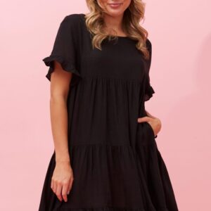 Kelly Tiered Linen Short Dress D510352 Black 100 V1 Original